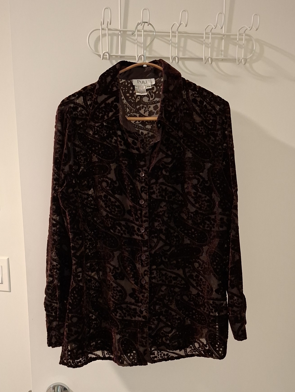 Vintage/90's Chocolate Brown Paisley Velvet Burnout Button-down Shirt (Size MP)